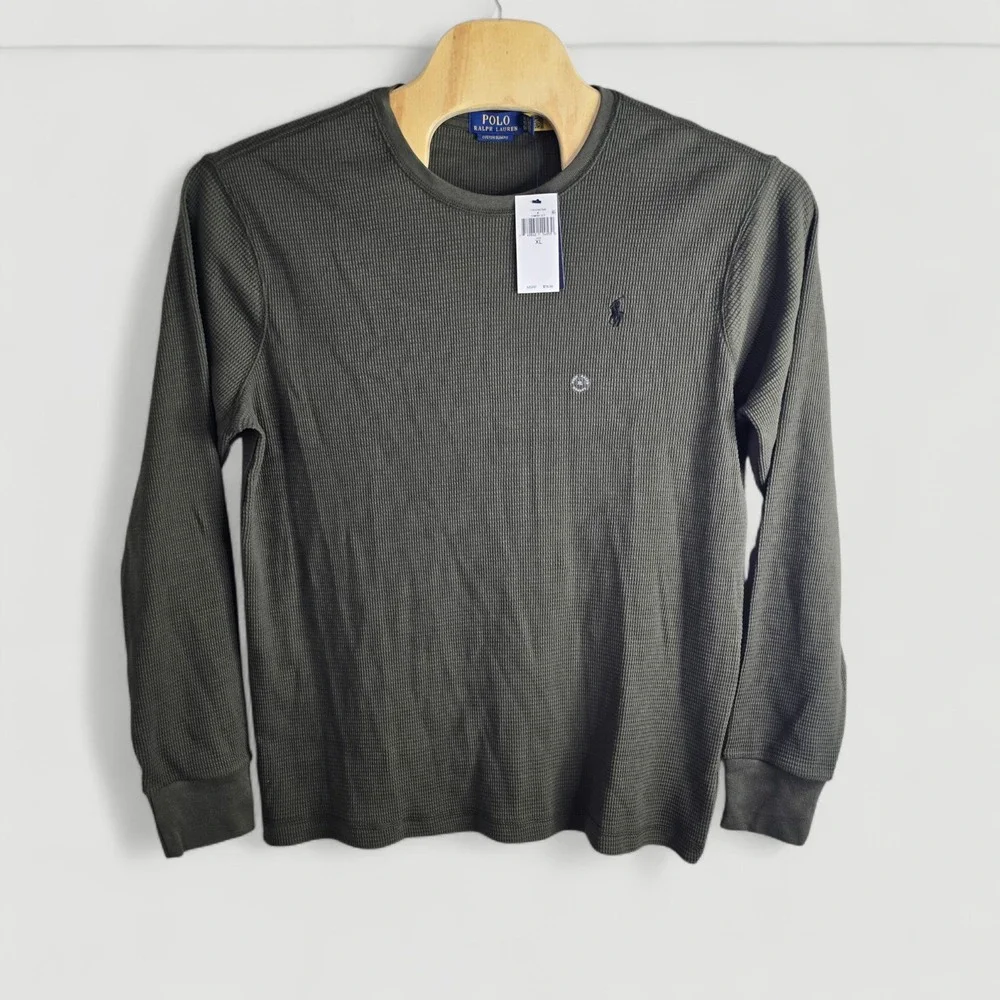 Polo Ralph Lauren Men Custom Slim Waffle Knit Long Sleeve Thermal Shirt Olive XL